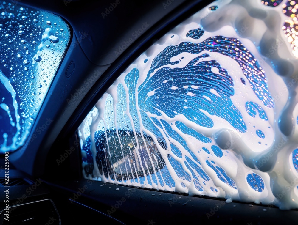 Fototapeta premium White soap foam covers car window during automatic wash. Thick bubbles, shampoo suds drip down glass surface. View from inside vehicle at carwash station. Cleaning process using chemical detergent in