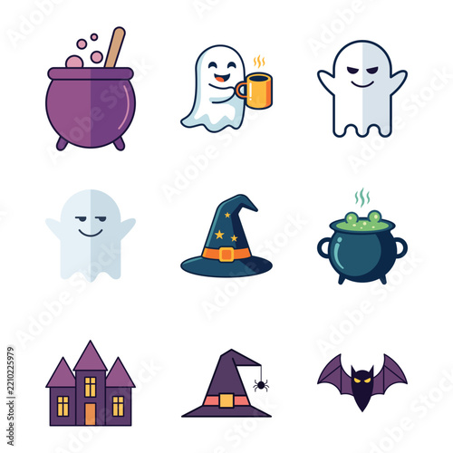 Halloween icon set with ghosts witches hats and cauldrons