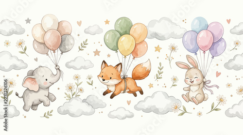 Playful nursery animals with colorful balloons and clouds.