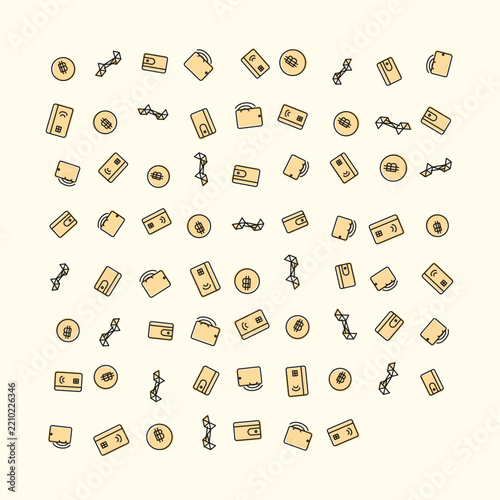 Seamless pattern of financial icons with wallet credit card coin and money symbols on yellow background
