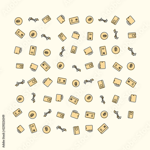 Seamless finance wallet money pattern featuring business icons like credit cards and coins for banking transactions and e-commerce payment concept