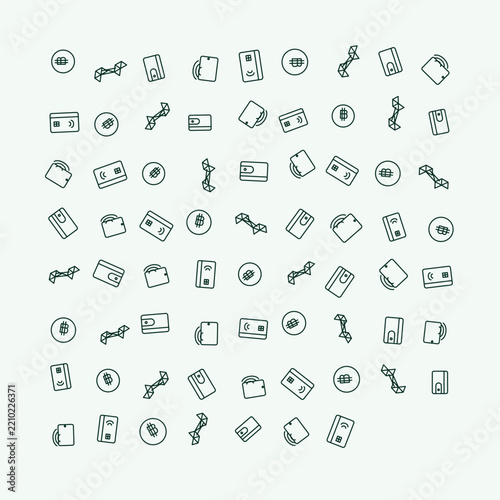 Diverse minimalist line art icons representing modern digital payment methods, secure online transactions, and financial technology for user interface design