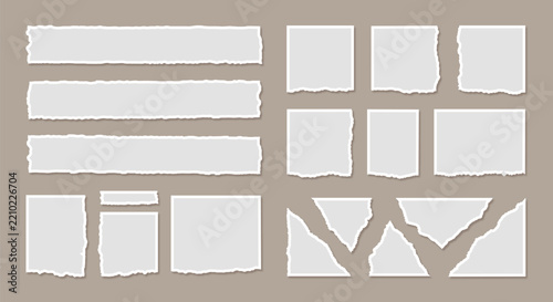Set of Torn and Ripped White Paper Pieces, Blank Notes, and Torn Paper Strips Vector Illustration