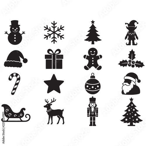 Black Christmas Icon Set Featuring Snowman, Snowflake, Christmas Tree, Elf, Santa Hat, Gift Box, Gingerbread Man, Holly, Candy Cane, Star, Bauble, Santa Claus, Sleigh, Reindeer, and Nutcracker Silhoue