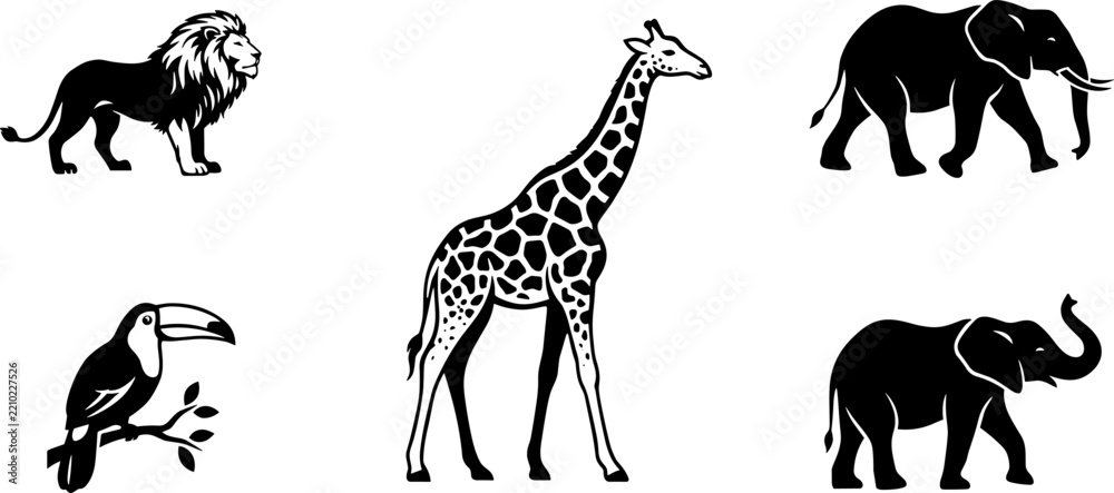 Obraz premium Set of black and white animal silhouettes featuring a lion, giraffe, toucan on a branch, and two elephants in different poses on a white background