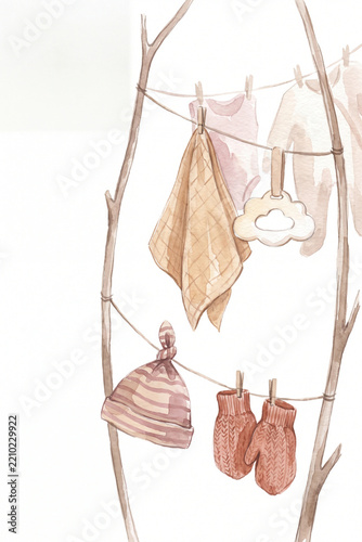 Cozy watercolor baby clothesline illustration with handmade knitted newborn essentials for baby shower invitation, nursery decor, winter season card and gender neutral announcement design