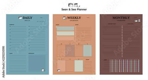 (Sean and Sea) 3 set weekly monthly day planner. Sticker, memo, note can use.
