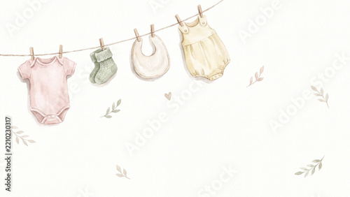 Watercolor baby shower clothesline banner with sweet newborn apparel theme for invitation card, welcome baby announcement, nursery stationery and gender neutral celebration background with copy space
