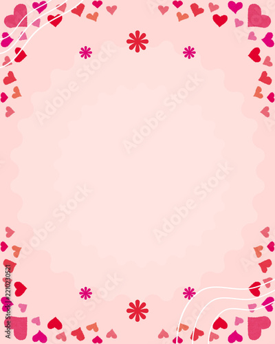 Romantic pink background decorated with colorful hearts, floral motifs, and delicate white curves, creating a playful frame for Valentine, wedding, and love-themed designs.