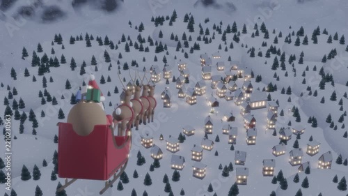 Santa Claus sleigh with reindeer flying over a snowy Christmas village at night, falling snow, 3D animation