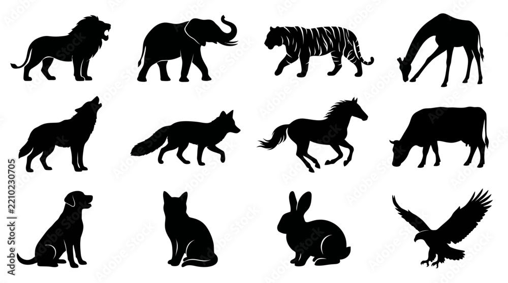 Fototapeta premium Animal silhouettes collection featuring various wild and domestic species on white background