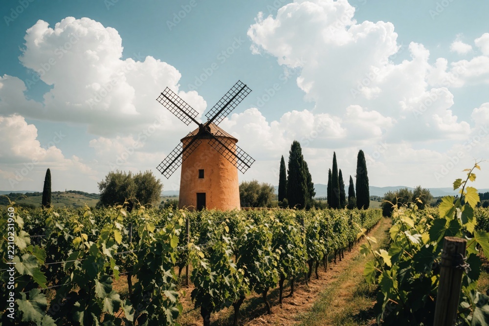 Obraz premium Old stone windmill stands in Tuscany vineyard under blue sky with white clouds. Traditional Italian farm landscape features green grape vines, tall cypress trees. Rural agriculture scenery shows