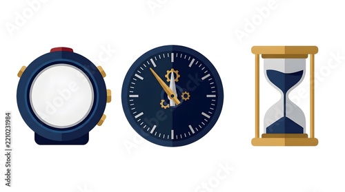 Set of three timekeeping icons including a stopwatch clock and hourglass
