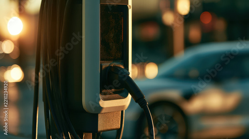 Electric vehicle charging station with a power symbol, ready to charge cars with clean and sustainable energy