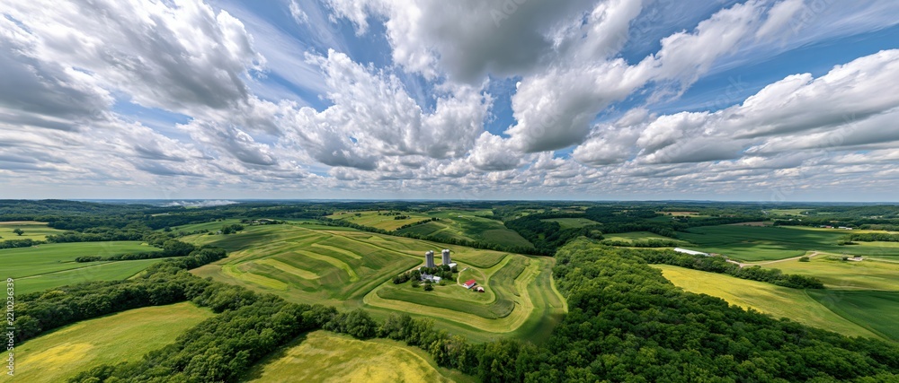 Obraz premium Aerial view of a small midwestern farm nestled in rolling green fields under a cloudy blue sky