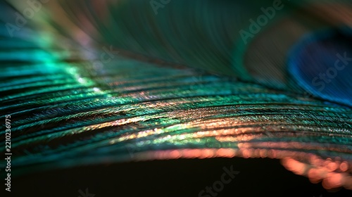 Macro close up of a vibrant peacock feather showing iridescent texture and colors.