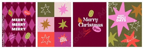 Modern Christmas Card Collection with Bold Typography, Geometric Shapes and Hand Drawn Stars. Contemporary holiday artwork for greeting cards, posters, covers, social media and seasonal branding.