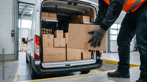 A delivery man loading a cardboard box into the back of a white van, surrounded by many other packages. The man is wearing a safety vest and gloves.