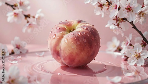 A single fresh peach with water droplets on a pink plate surrounded by white cherry blossoms