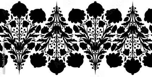 Vector black silhouette of seamless horizontal border with folk art flowers isolated from background.