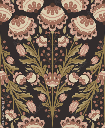 Vector seamless pattern with tracery folk art wildflowers on dark background. Bloom background. Decorative ornate floral texture