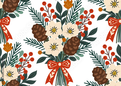 Vector seamless pattern with Christmas bouquets with pine cones, berries, and flowers. Festive texture. Decoration with Bridal bouquet