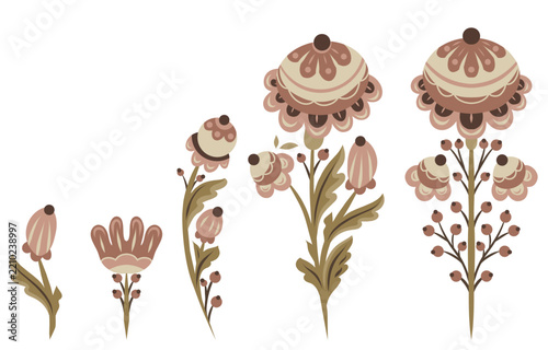 Vector set of tracery folk art flowers clip arts. Collection of decorative ornate floral illustrations for stickers
