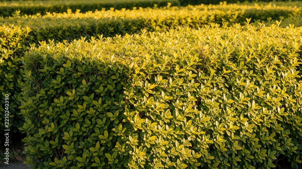 Obraz premium Trimmed golden privet hedge in garden. Yellow, green leaves of Ligustrum ovalifolium aureum shrub grow in rows. Sunlight hits ornamental foliage in backyard landscaping. Decorative plant fence