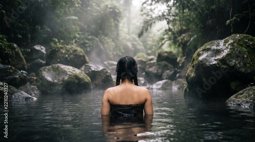 Woman Relaxing in a Steaming Tropical Jungle Natural Hot Spring Pool for Wellness and Spa Therapy