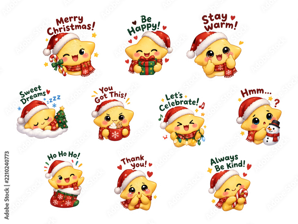 Fototapeta premium Adorable cartoon star character stickers pack with Christmas greetings and cute expressions, festive emoji collection, generative AI.