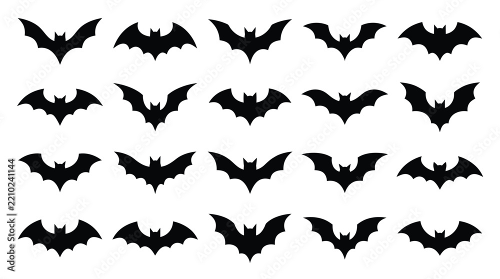 Fototapeta premium Black vector bat silhouettes collection featuring various flying animal shapes for spooky halloween graphic design projects