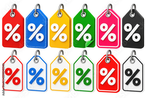 Collection of colorful percentage price tags in multiple designs and contrasting colors, ideal for retail discounts, ecommerce promotions, advertising campaigns, shopping offers and sales graphics.