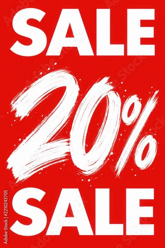 Bold red and white SALE 20% promotional graphic with expressive brush lettering, designed for retail discounts, ecommerce campaigns, advertising, shopping promotions and seasonal sales.