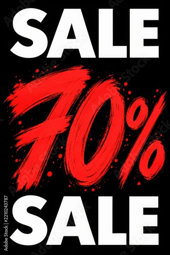 High contrast SALE 70% promotional design with bold red brush lettering on a black background, created for retail discounts, ecommerce advertising, shopping campaigns and clearance sales.