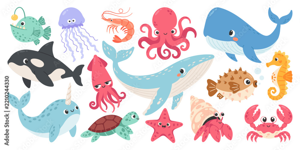 Fototapeta premium Hand Drawn Cute Sea Animals Set with Ocean Creatures
