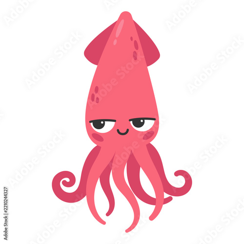 Cute Pink Squid on White Background Hand Drawn Illustration