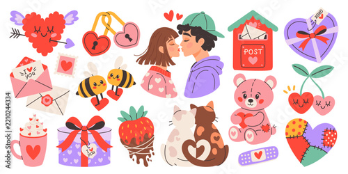 Hand Drawn Romantic Love Elements Set with Hearts and Cute Characters