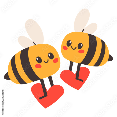 Cute Bee Couple Holding Hearts Hand Drawn Illustration