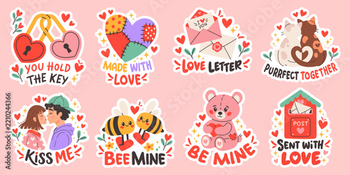 Cute Valentine's Day Sticker Set with Love Quotes and Characters