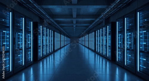 Long blue server room corridor with neon lit rack cabinets in futuristic data center