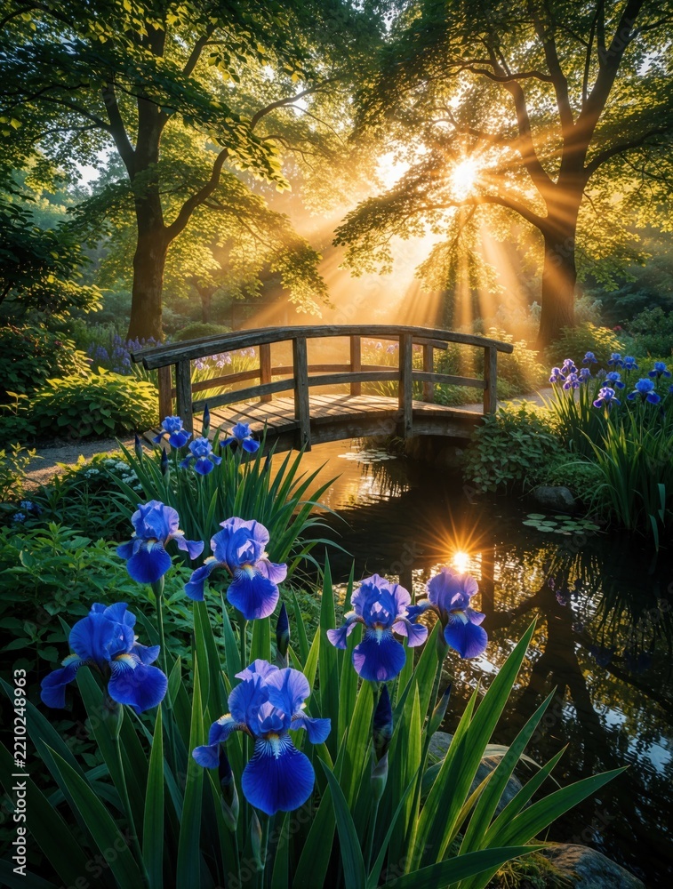 Obraz premium Serene garden scene with wooden bridge over small pond. Blue iris flowers bloom in foreground. Golden morning sun rays shine through rich green trees at sunrise. Peaceful landscape with calm water,