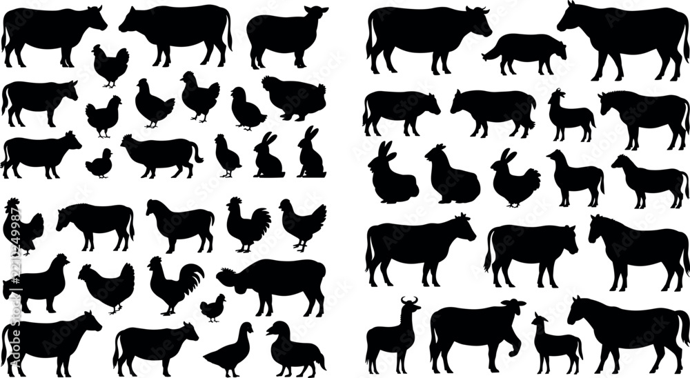 Obraz premium Farm Animals Silhouettes Set with Cows Horses Sheep Chickens Rabbits and Ducks Vector Illustration