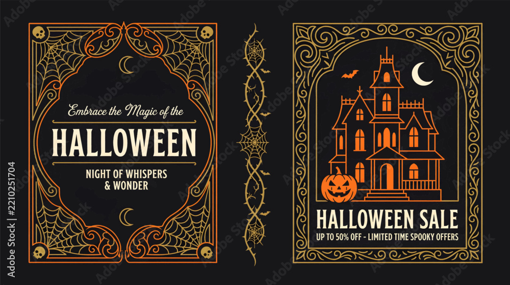 Obraz premium Decorative halloween posters featuring spooky house and mystical nighttime themes for seasonal events