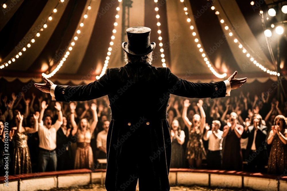 Obraz premium Ringmaster in top hat stands with arms wide in circus tent. Crowd cheers, applauds during live performance. Warm lights glow over stage as entertainer greets excited audience at night show. People