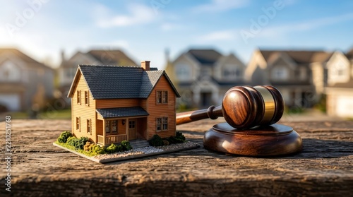 Miniature house model resting beside a wooden judge gavel depicting real estate law disputes