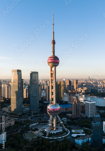 Photography The Shanghai CBD skyline seen in a close-up aerial view on a clear morning
