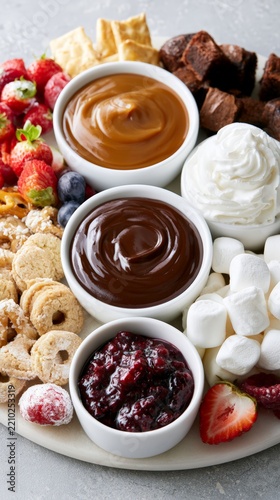Top view dessert board with glossy chocolate and caramel dips for party platter design and menu background