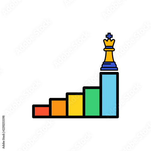 Chess king piece on a rising bar chart base. Business growth strategy graphic icon.