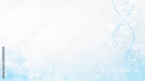 global health accessibility. DNA double helix structure with medical and scientific symbols on a light background