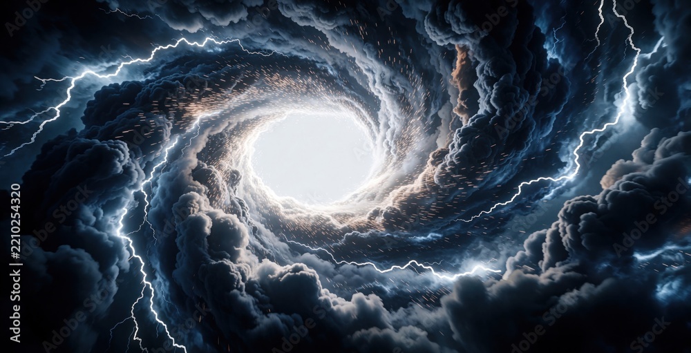 Fototapeta premium Glowing time vortex swirls through dark storm clouds. Electric lightning bolts burst from central light portal. Magic energy spiral moves amidst smoke, sparks. Abstract cosmic tunnel opens in white